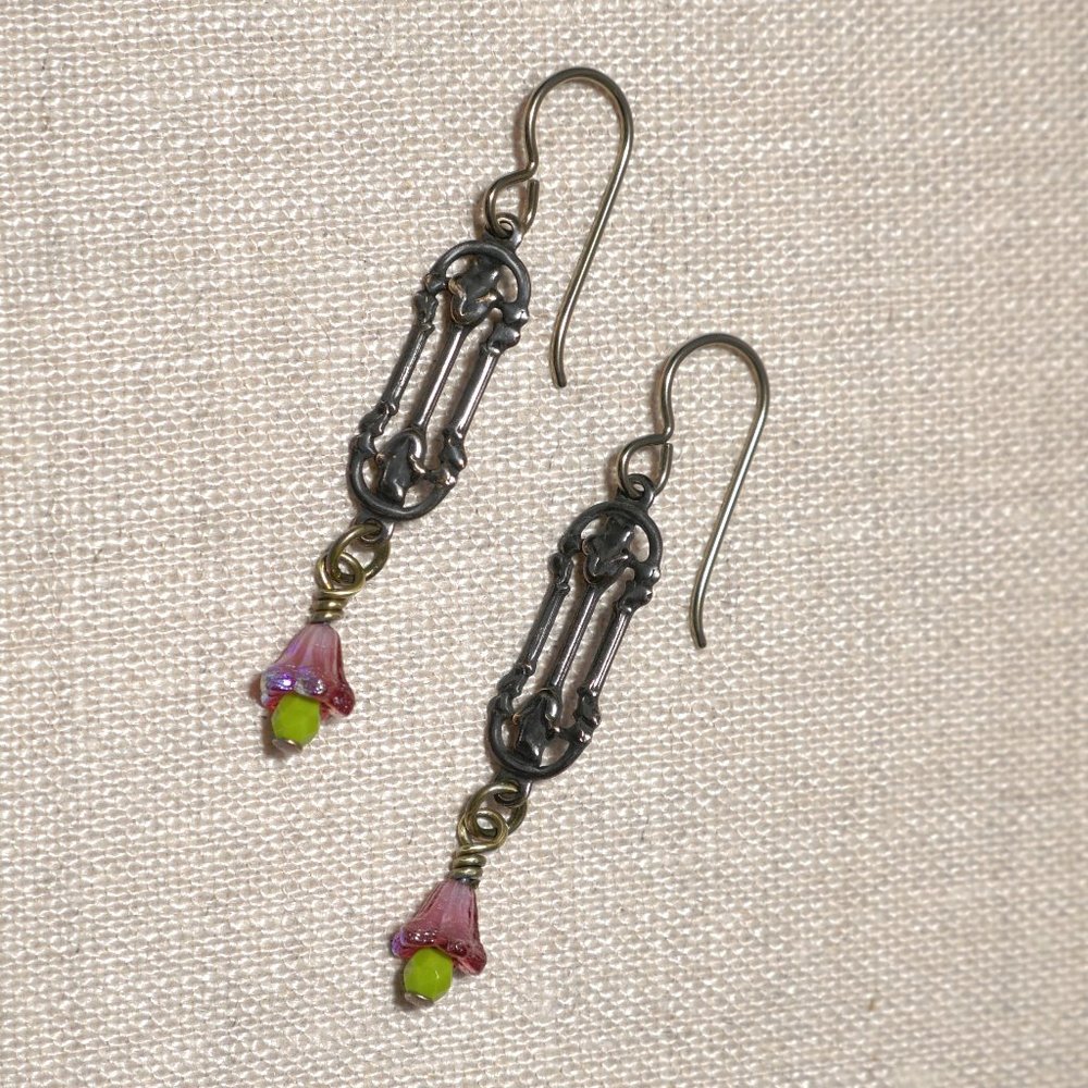 Hand Crafted Handmade Earrings Arts & Crafts Style Brass Pink Bell Flowe…